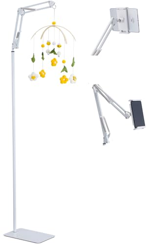 White Floor Stand for Crib Mobile Arm and Tablet Phone,3Lbs Sturdy Base,Height Adjustable175-80cm, Metal Floor Stand Compatible with Baby Crib Mobile Hanging,Cell Phones,Tablet