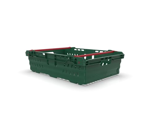 AUTORCE Stacking Nesting Crate Ventilated With Bale Arm Plastic Box, Durable Foldable Stackable Crate Supermarket Storage Box (40 Litre - 400x600x170mm - Green)