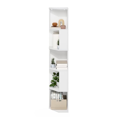 Image of Furinno ECON Corner Shelf, 5-Tier Corner Book Shelf, Standing Storage Shelves, Cube Display Rack, Bookshelf, for Organization and Storage, Living Room, Home Office, White