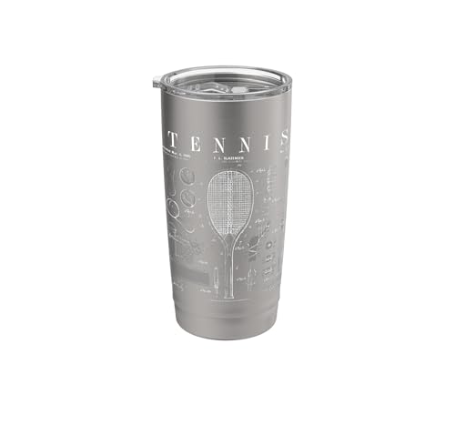 Raqueta de tenis y pelota vieja impresión de dibujo de patente vintage Vaso térmico de acero inoxidable de doble pared
