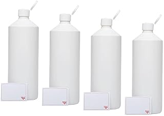 TEC Plastic Bottles Empty Containers 1 Litre 4 Pack HDPE 28mm Neck With Non Leak Flip Caps and Labels for Water Chemicals Liquid Refillable Reusable Carrier 30% Recycled