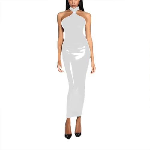 XINLIANYI Vestido largo ajustado para mujer, de PVC, cuello halter, espalda descubierta, vestido de fiesta, personalizable, blanco, XXL