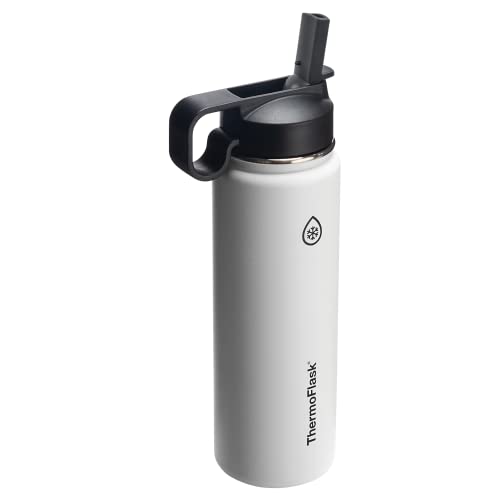 Image of ThermoFlask 24 oz Double Wall Vacuum Insulated Stainless Steel Water Bottle - Reusable with Leakproof Chug & Straw Lids - Keeps Drinks Cold 24 hr /Hot 12 hr - Easy Maintenance - Gym /On-the-Go, White