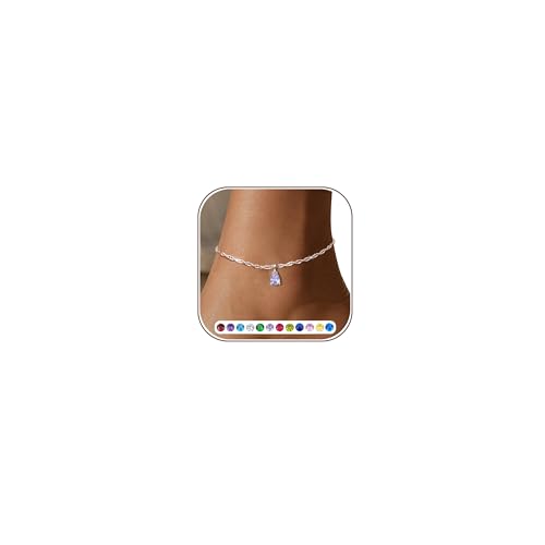 Astravia Geburtsstein Fußkettchen Damen 925 Sterling Silber verstellbares Silber Fussketten mit Zirkonia Anhänger personalisierte Fußkette wasserfest Sommer Schmuck Geschenk für Frauen & Mädchen