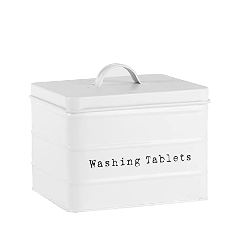 Harbour Housewares Washing Tablet Storage Container - Matte White - Steel Vintage Industrial Under Sink Storage Caddy Cupboard Organiser for Laundry Detergent Pods, Dish Washer Tablets