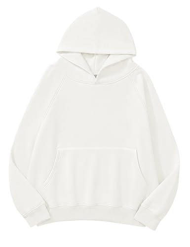Lauweion Women Solid Basic Fleece Letter Loose Hoodie Sweatshirt Long Sleeve Kangaroo Pocket Drop Shoulder Pullovers Top White