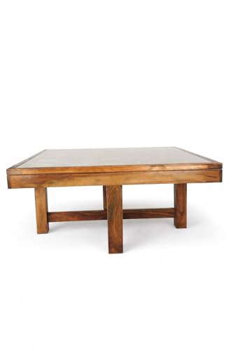 Image of Wooden Coffee Table with 4 Stools, Ceramic Tiles On Table Top with Ceramic Tiles Design Stool, Table 86x86x46 cm, Stool 40x40x35 cm (Natural)