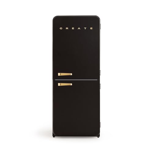 CREATE / RETRO FRIDGE COMBI 185 GOLD/Réfrigérateur combiné noir avec poignée dorée et congélateur 401L / 190W, système No Frost, 3 étagères, 2 tiroirs, 70x65x185 cm