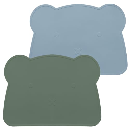 MOJINL Kinder Platzset Bär Baby Silikon Platzdeckchen Abwaschbar Rutschfestes Kinder Tischset BPA Frei Schmutzabweisende Tischunterlage für Kinder und Kleinkinder (Fernblau Gelbgrün)