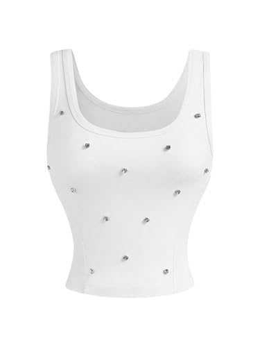 MakeMeChic Women's Rhinestone Square Neck Tank Sparkly Sleeveless Fitted Y2k Crop Tops White Medium