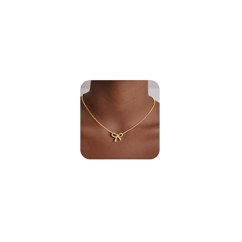 Dainty Bow Gold Necklaces for Women Non Tarnish - 14k Gold Plated Pendant Necklace Trendy Cute Simple Statement Charm Bow Chain Necklace Gold Jewelry for Women Birthday Christmas Gift