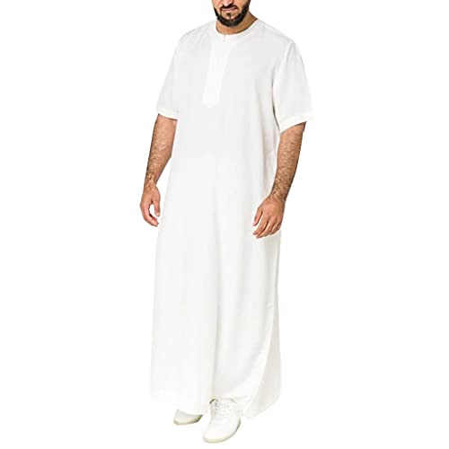 Long Gown Thobe for Men Saudi Arabic Muslim Dress Short Sleeve Kaftan Middle East Islamic Clothing, S-5XL (Color : White, Size : 5X-Large)2
