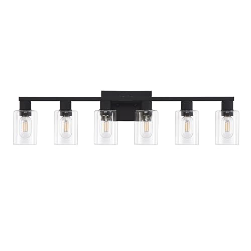 DIDUIO 6 Light Bathroom Vanity Light Matte Black Vanity Light Fixtures Large Vanity Lights for Bathroom Farmhouse Light Fixtures with Clear Glass Shade for Bathroom Over Mirror