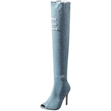 SACFOF Womens Denim Thigh High Boots Peep Toe Cutout Over The Knee Jean Stiletto Heeled Long Boots