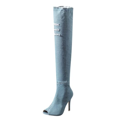 SACFOF Women's Denim Thigh High Boots Peep Toe Cutout Over The Knee Jean Stiletto Heeled Long Boots