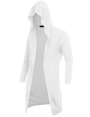 DOSWODE Mens Cardigan Long Open Front Draped Lightweight Hooded Sweater with Pockets White_XXL