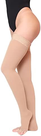 KEVVI Thigh High Compression Stockings for Women & Men, Full Leg Ted Hose 20-30 mmHg, Open Toe, Maternity Compression Hose, Thigh High Compression Socks for Women, Medical Support Hose (Beige, Medium)