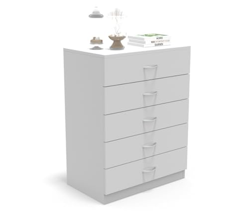 DORMIDAN - Cómoda 5 cajones guías metálicas, habitación Dormitorio, Armario con cajoneras. (Blanco)