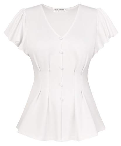 GRACE KARIN Damen Blusen Sommer Elegant V-Ausschnitt Rüschenärmel Lässige Oberteil