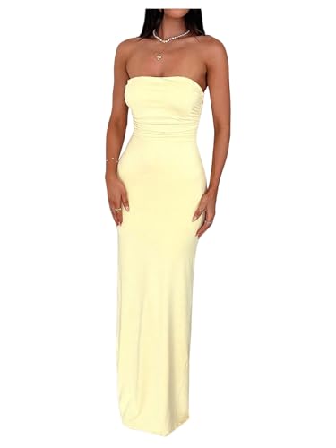 Floerns Women's Backless Lace Up Tube Top Dresses Ruched Formal Bodycon Long Dress