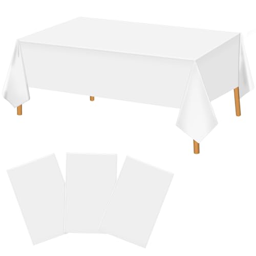 Image of Hxezoc 3 Pack White Disposable Plastic Tablecloths, 54 x 108 Inches Waterproof Table Cover for Wedding Birthday Party Baby Shower Decorations Outdoor Indoor Party Supplies
