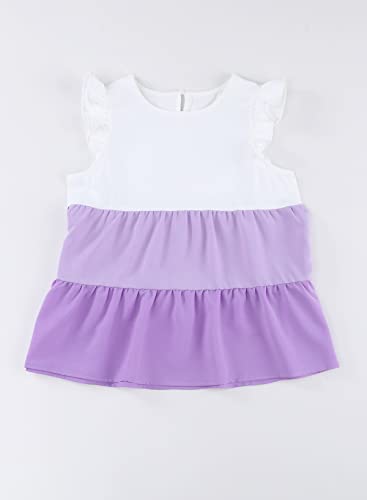 Blibean Tween Girls Basic Round Neck Tee Shirts Preteen Ruffle Sleeve Loose Sleeveless Blouses For Party 6-7 Years Lavender Purple #TOP5