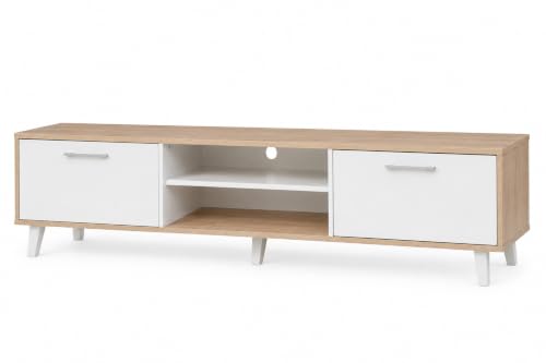 Image of Kumo Engineered Wood TV Unit for Living Room | Modern Entertainment Center with 2 Door Cabinets & Open Storage Shelves | TV Stand for Up to 75 Inch Television | Oak & White Finish | 1800 mm