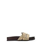 BOSANOVA Sandalias Planas Estilo Pala para Mujer en Ante con Suela Bio Efecto Madera y tachas metálicas Laterales. Sin Cierre. Calzado para Mujer Beige 39