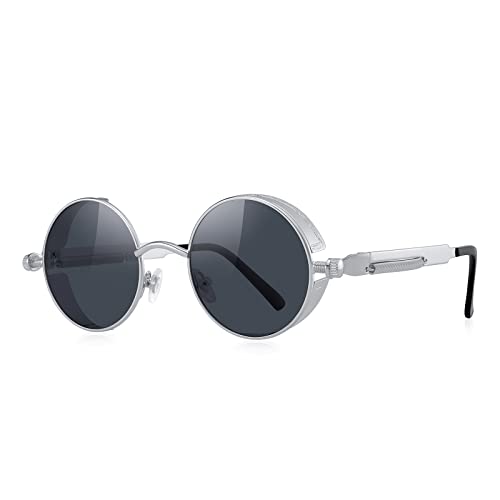 MERRY'S Gothic Steampunk Sunglasses for Women Men Round Lens Metal Frame S567(Silver&Black, 46)