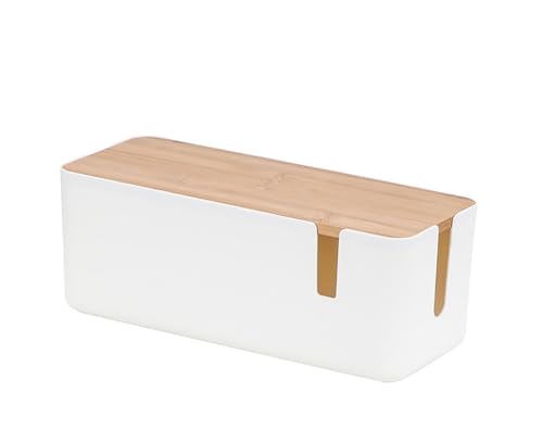 Caja organizadora de cables, caja con tapa de bambú, caja para guardar cables, caja para ocultar cables, para salas de estar, oficinas, dormitorios,Color blanco