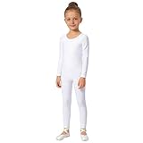Wildarms Body de Manga Larga para Niñas - Leotardo de Cuerpo Completo para Ballet, Gimnasia, Actuaciones y Disfraces (Blanco, 4-6)