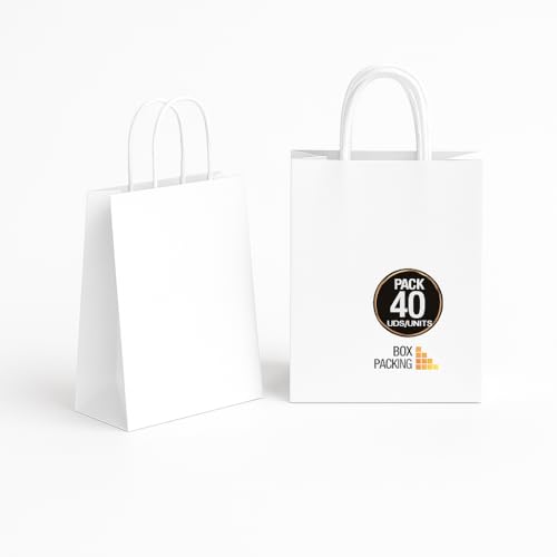BOXPACKING | Bolsas Papel Kraft | Bolsa Papel Blanco | 40 Bolsas papel Pequeñas de 24x18x8 cm | Bolsas papel Blancas con Asas | Bolsa Regalo Blanca | 115 g/m² | Reutilizables y Personalizables