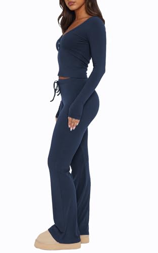 Womens 2 Piece Lounge Sets Long Sleeve Crop Tops V Neck Flare Pants Set Fall Y2k Casual Outfits2