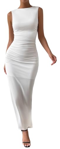 Zesoyne Womens Maxi Dress Sexy Sleeveless Bodycon Round Neck Elegant Long Dresses for Party Wedding Cocktail M White