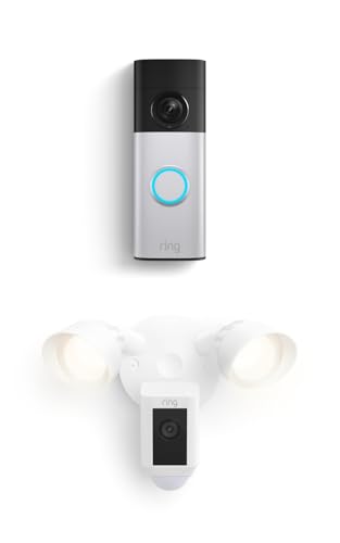Image of Ring Battery Doorbell Plus (newest model), Nickel Silver with Floodlight Cam Wired Plus, White