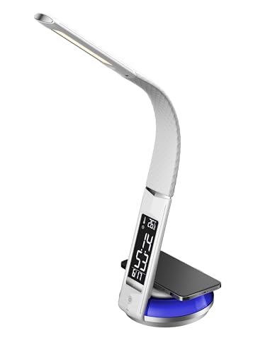 Northpoint LED Schreibtischlampe Tischlampe Leder Optik drahtlose QI-Ladestation Wecker Dimmbar Warmweiß Kaltweiß Mood Beleuchtung Uhr Temperaturanzeige Weiß