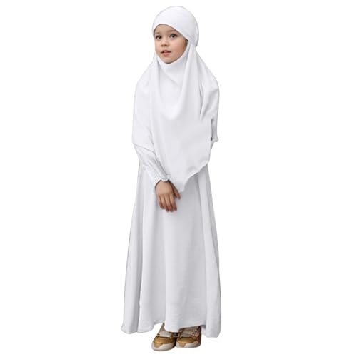 Vestido de niña musulmana con borde ondulado | Diseño sencillo y elegante para Ramadán y uso diario | Transpirable y cómodo de llevar, Blanco, 110