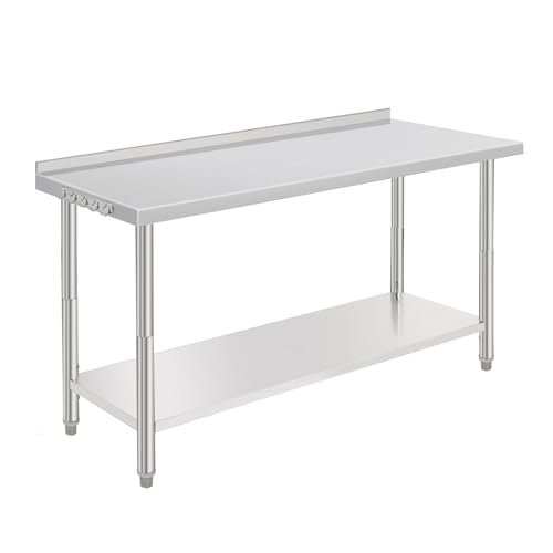 Commercial Kitchen Food Prep Table, Stainless Steel Table for Work with Backsplash, Heavy Duty Table with Hooks for Restaurant, Warehouse, Garden and