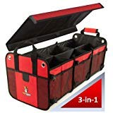 Tuff Viking Convertible Large 3 Compartment SUV Trunk Organizer | Truck Bed for Trucks, Cars, SUVs (4-in-1 with Cover, Red)