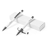 Elegante set bolígrafo y roller con grabado láser, carga jumbo de tinta azul, estuche de aluminio y clip metálico – regalo premium para adultos (Blanco)
