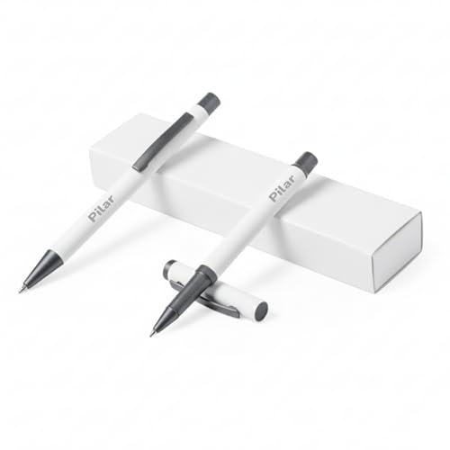 Elegante set bolígrafo y roller con grabado láser, carga jumbo de tinta azul, estuche de aluminio y clip metálico – regalo premium para adultos (Blanco)