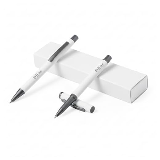 Elegante set bolígrafo y roller con grabado láser, carga jumbo de tinta azul, estuche de aluminio y clip metálico – regalo premium para adultos (Blanco)