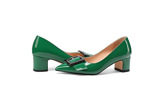 Tanaoen Women's Gold Metal Rectangle On Solid Patent Pointed Toe Chunky Low Heel Pumps Shoes 2 Inch Dark Green 10 #TOP5