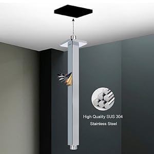 Image of Ceiling Mounted Shower Arm, Rain Shower Square Extension Arm with Flange and Teflon Tape Stainless Steel Ceiling Mount Shower Extender (12 Inch, Chrome)