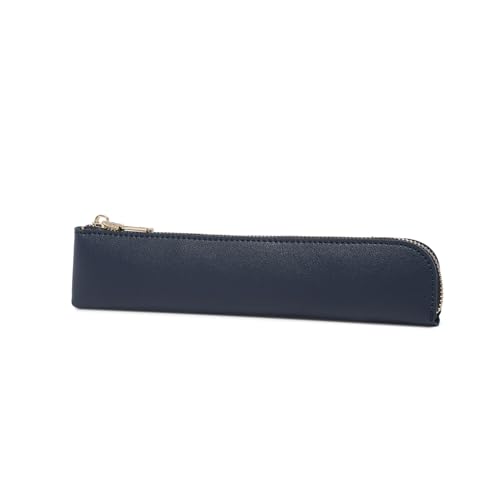 Image of Faux Leather Pencil Case Small Pencil Pouch Slim Pen Case Holder Zipper Bag for School Office(Navy Blue)