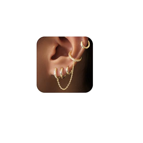 Gold Chain Hoop Ear Cuff Earrings for Women, Double Piercing Chain Huggie Small Stack Cartilage Hoop Cuff Earring Sets for Multiple Piercing, Conch Helix Rook Tragus Daith Clip On Jewelry Set Gifts