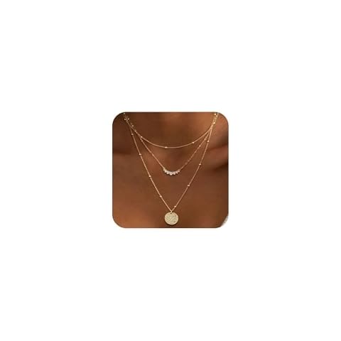 Feskive Layered Gold Necklaces for Women, Stackable Stack 14K Gold/Silver Plated Herringbone Hangtag Diamond CZ Pendant Necklaces Trendy Gold Jewelry Set Gifts for Women Cover
