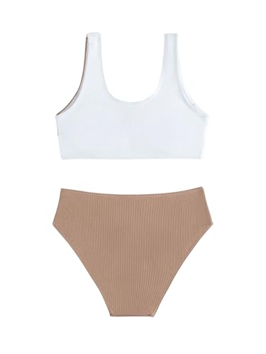 Image of SweatyRocks Girl's Two Piece Color Block Swimsuit V Neck Ribbed Bikini Set Bathing Suit Beachwear White Brown 10Y