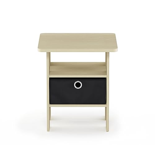 Image of Furinno ANDREY Square Side Table, End Table, Night Stand, Steam Beech | Open Shelves and Storage Bin, Bedside Table, for Living Room, Bedroom