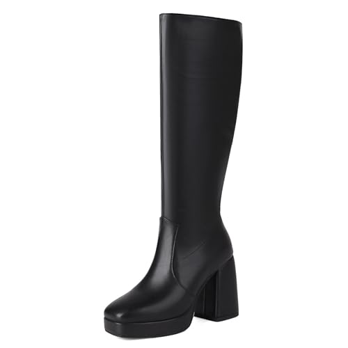 Bottes knee high femme plateforme bout carré chaussures mode